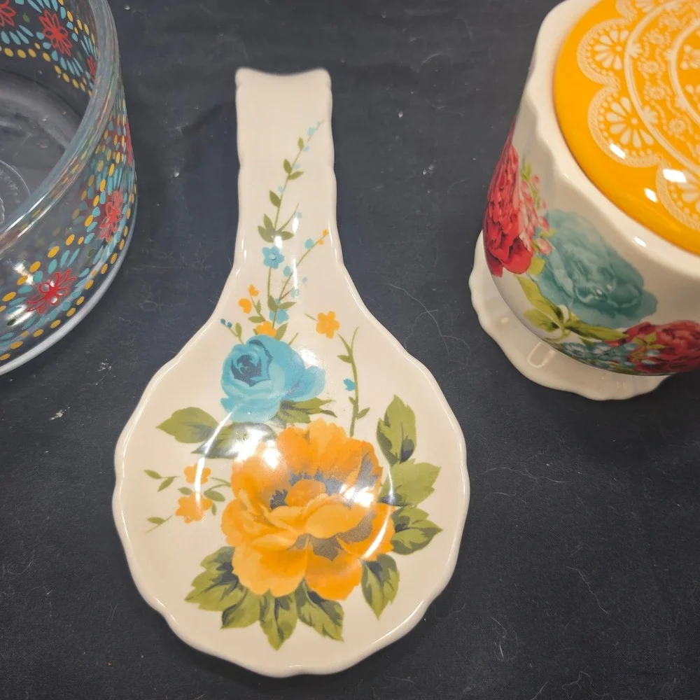 Pioneer Woman 3pc Kitchen Set Sugar Bowl Spoon Rest Glass Floral Bowl Multicolor